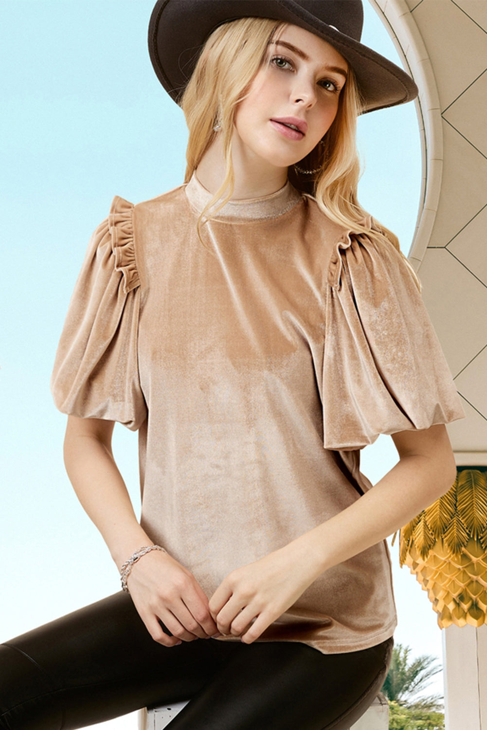 Beige Frilly Puff Sleeve Velvet Blouse. GCollection