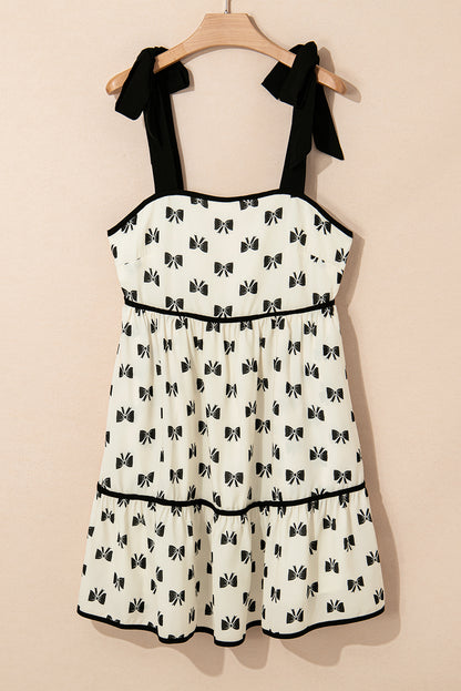 White Bow Knot Color Contrast Trim Knotted Shoulder Mini Dress. GCollection