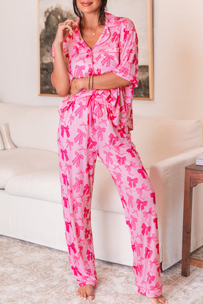 Pink Bow Knot Print Lapel Collar Short Sleeve and Pants Pajamas Set. GCollection