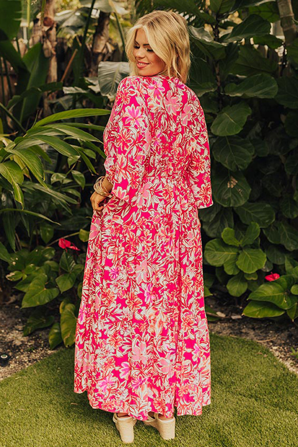 Rose Plus Size Floral V Neck Wide Sleeve Maxi Dress. PSCollection