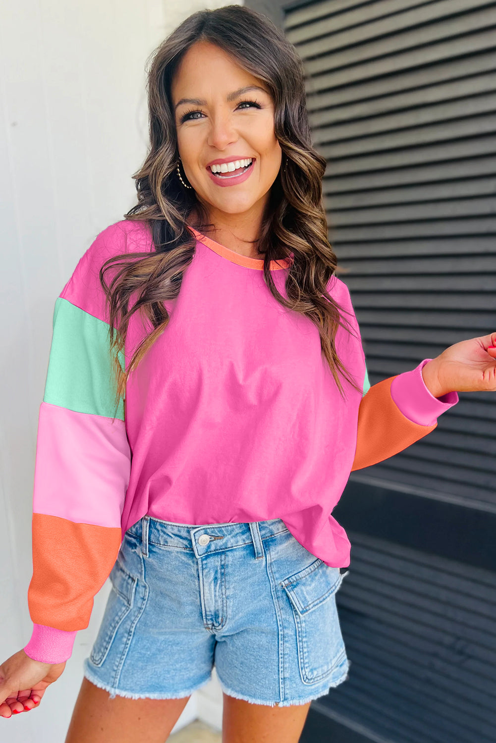 Rose Colorblock Long Sleeve Loose Top. GCollection