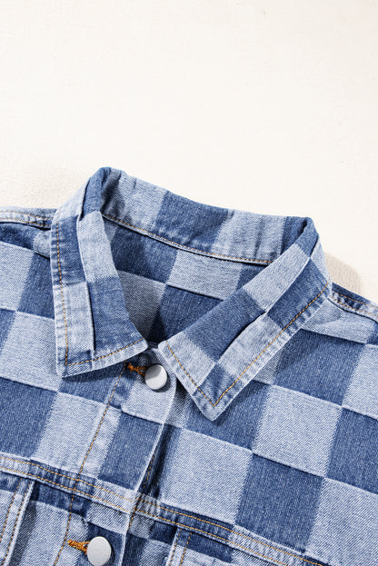 Light Blue Checkered Button up Denim Jacket. GCollection