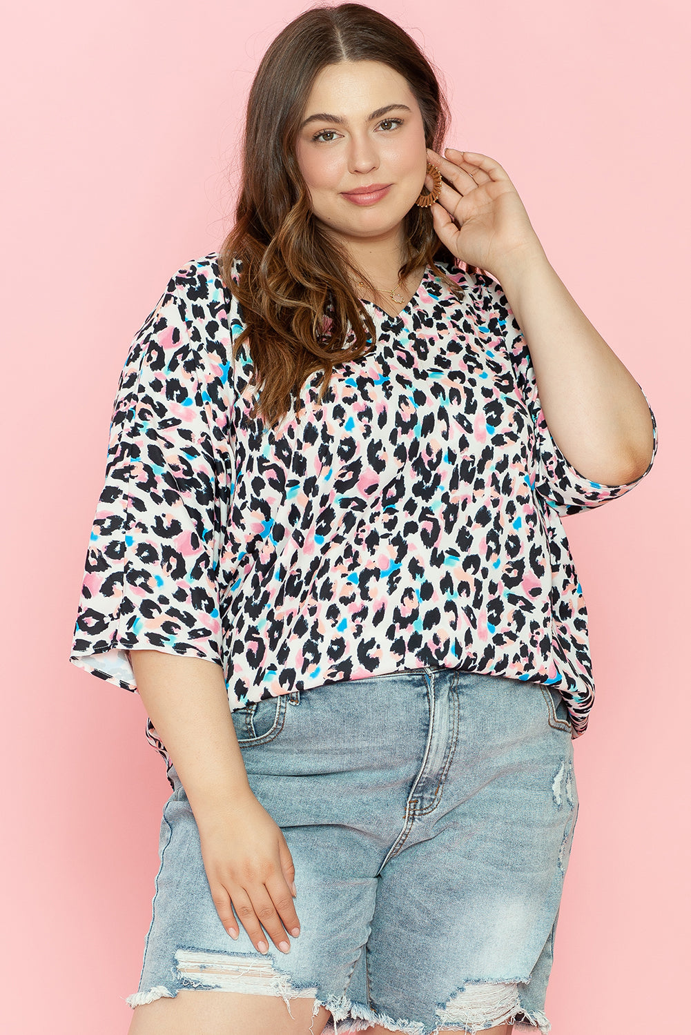 Leopard Print V Neck Batwing Sleeve Top. PSCollection