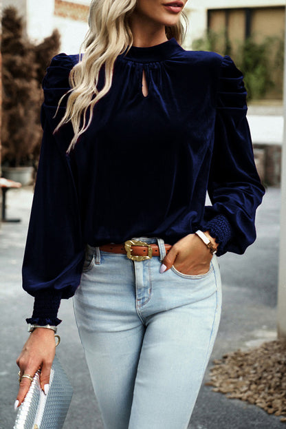 Navy velvet long sleeves blouse