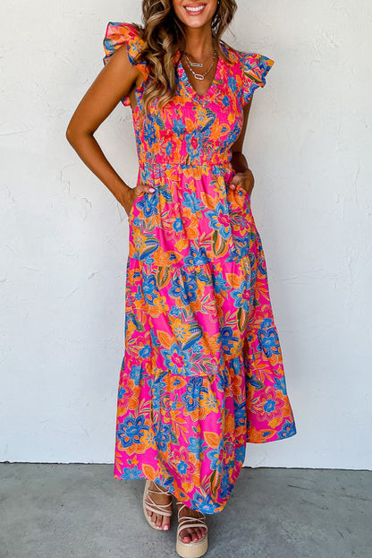 Pink floral smocked maxi dress