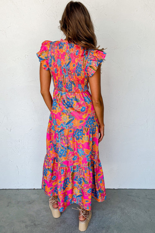 Pink floral smocked maxi dress