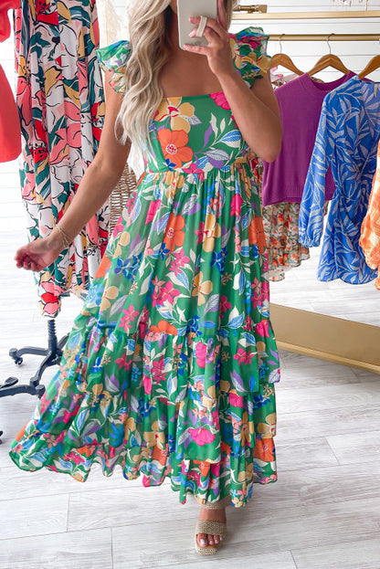 Green floral print maxi dress (9570)