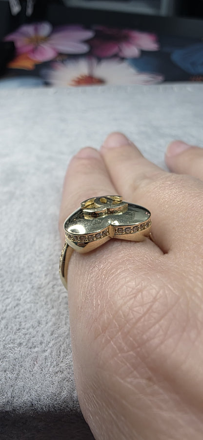 14K solid gold CC puffy heart ring with white stones.