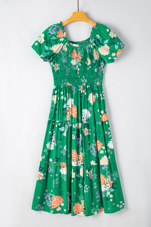 WS. Green floral print bubble sleeves smocked dress