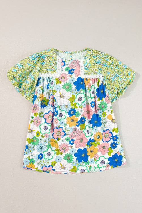 Green floral and bubble sleeves blouse. WS