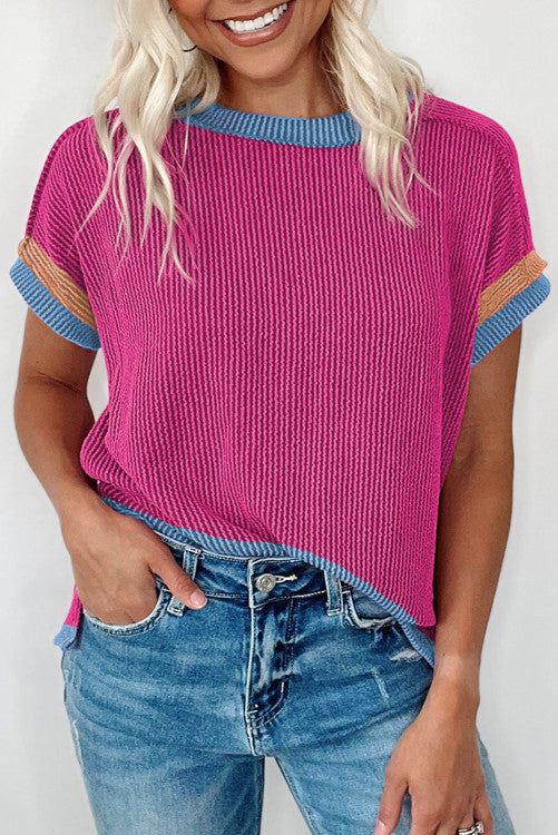 Pink textured top with multicolor trim. WS