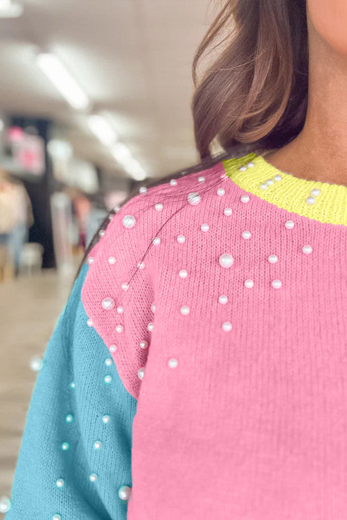 Rose/blue/yellow and pearls top. WS