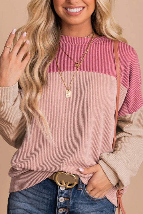 Pink colorblock textured long sleeves shirt. WS