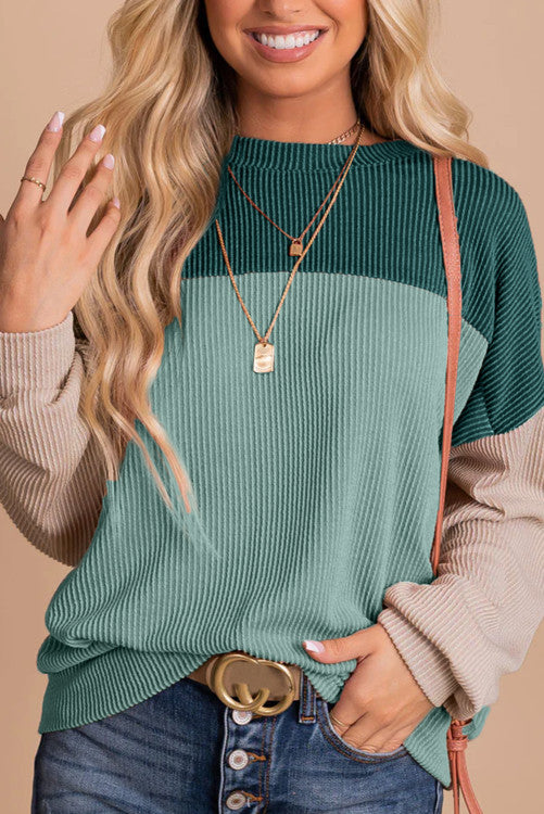 Green colorblock textured long sleeves shirt. WS