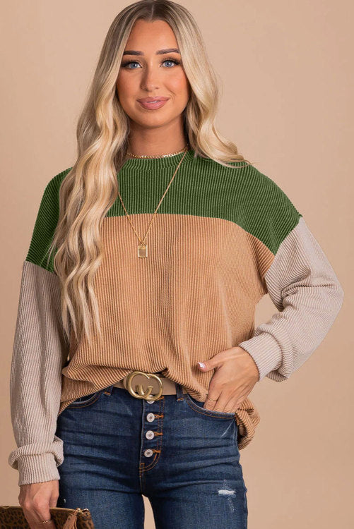 Green and khaki colorblock textured long sleeves shirt. WS