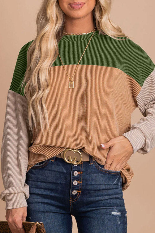 Green and khaki colorblock textured long sleeves shirt. WS