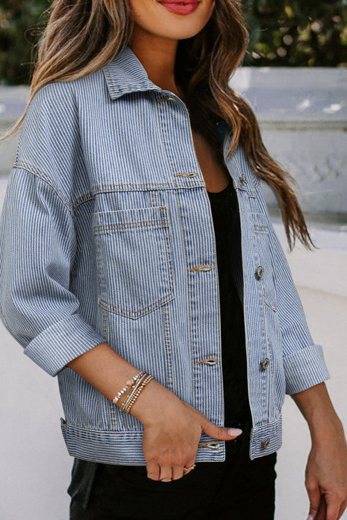 Sky blue stripped oversizwd denim jacket. WS