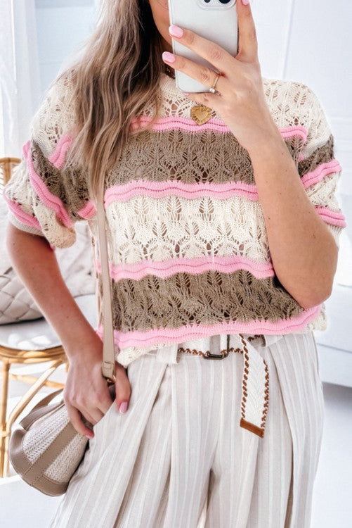 Brown and pink stripped crochet top. WS