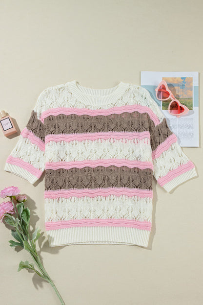 Brown and pink stripped crochet top. WS