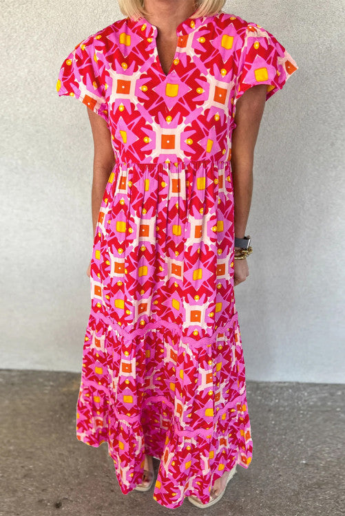 Strawberry pink geometric print maxi dress. RTS