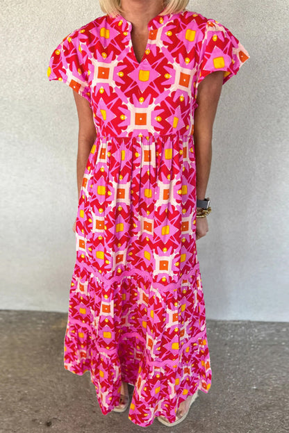 Strawberry pink geometric print maxi dress. RTS