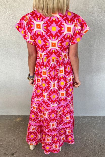 Strawberry pink geometric print maxi dress. RTS