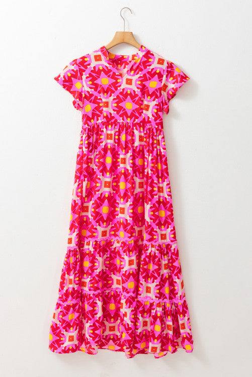 Strawberry pink geometric print maxi dress. RTS