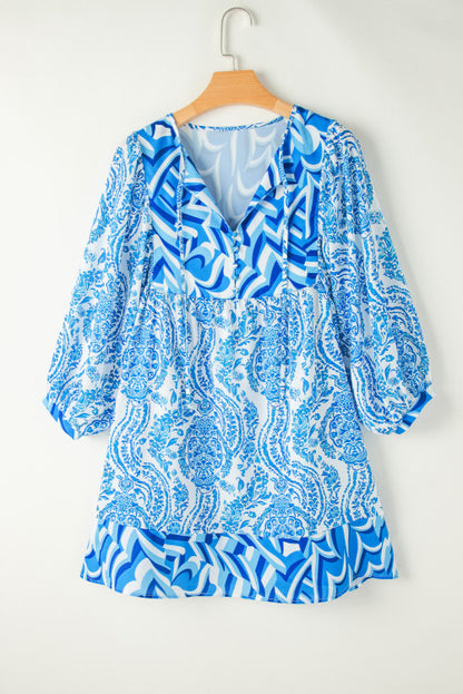 Blue abstract print V neck dress. WS