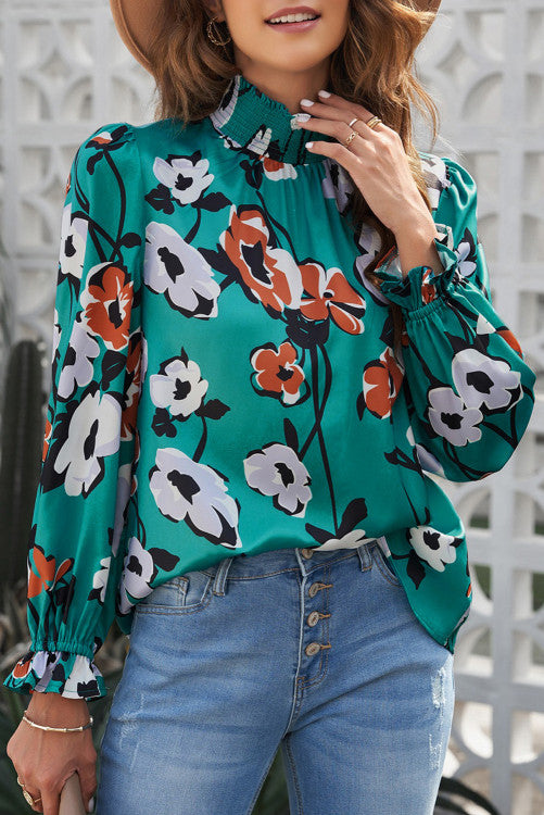 Green and floral printing sleeves blouse