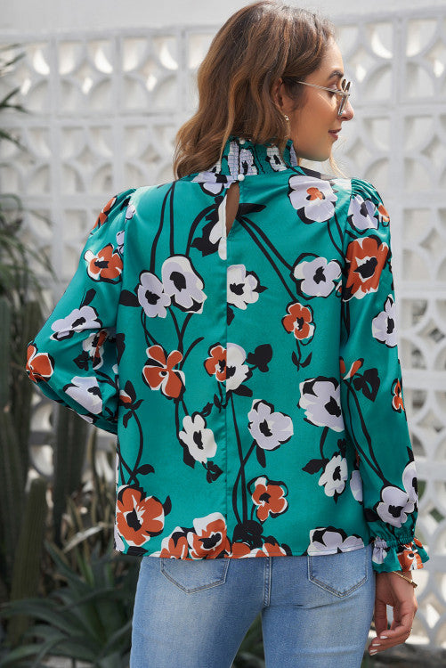 Green and floral printing sleeves blouse