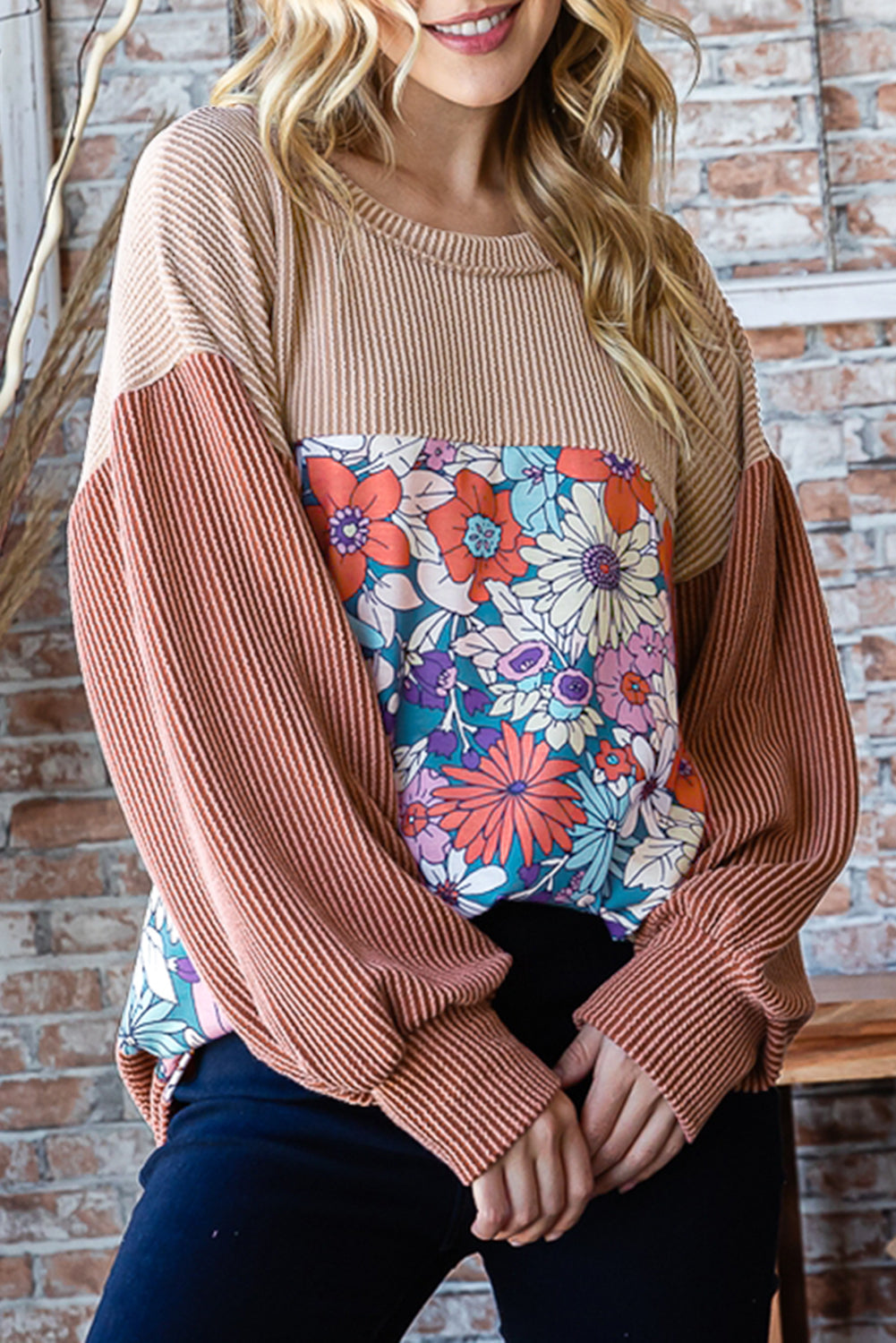 Floral colorblock long sleeves shirt