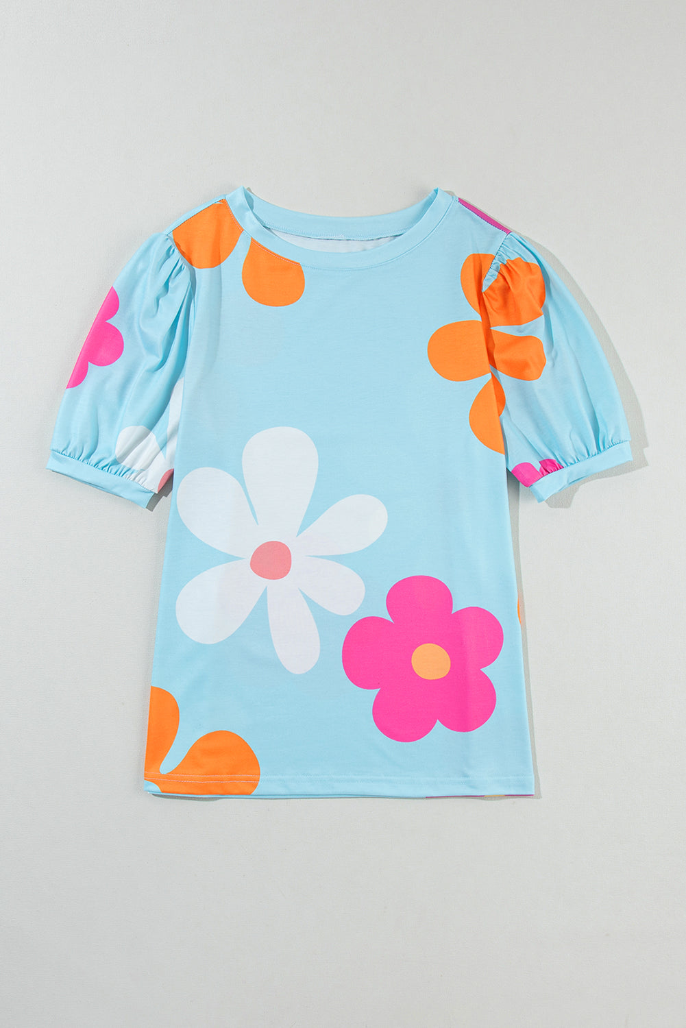 Blue Flower Print Bubble Sleeve Tee. WS