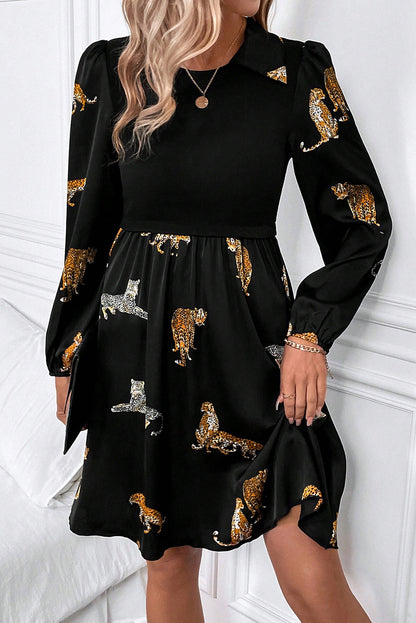 WS. Black and leopard print long sleeves dress