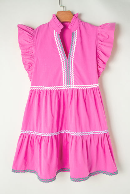 Strawberry Pink Ric Rac Colorblock Flutter Sleeve V Neck Tiered Dress. WS