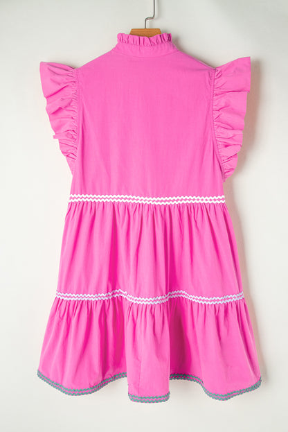 Strawberry Pink Ric Rac Colorblock Flutter Sleeve V Neck Tiered Dress. WS