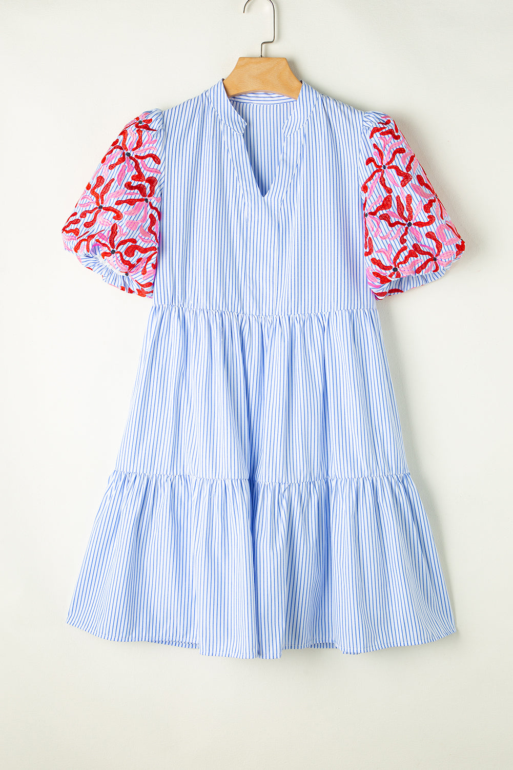 Blue Stripe Contrast Floral Sleeve Tiered Ruffle Dress. WS