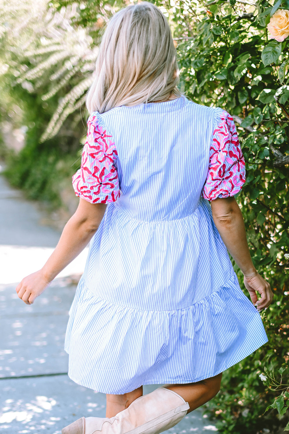 Blue Stripe Contrast Floral Sleeve Tiered Ruffle Dress. WS