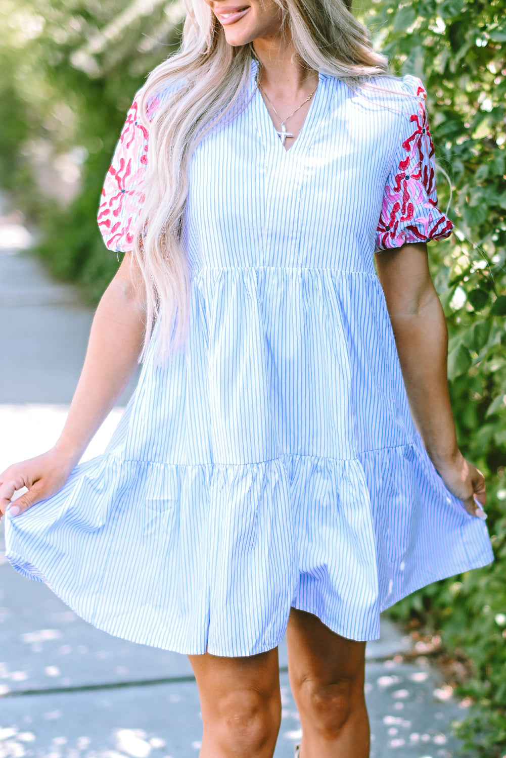 Blue Stripe Contrast Floral Sleeve Tiered Ruffle Dress. WS