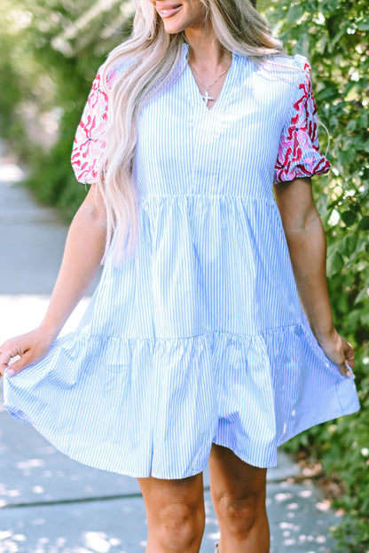 Blue Stripe Contrast Floral Sleeve Tiered Ruffle Dress. WS