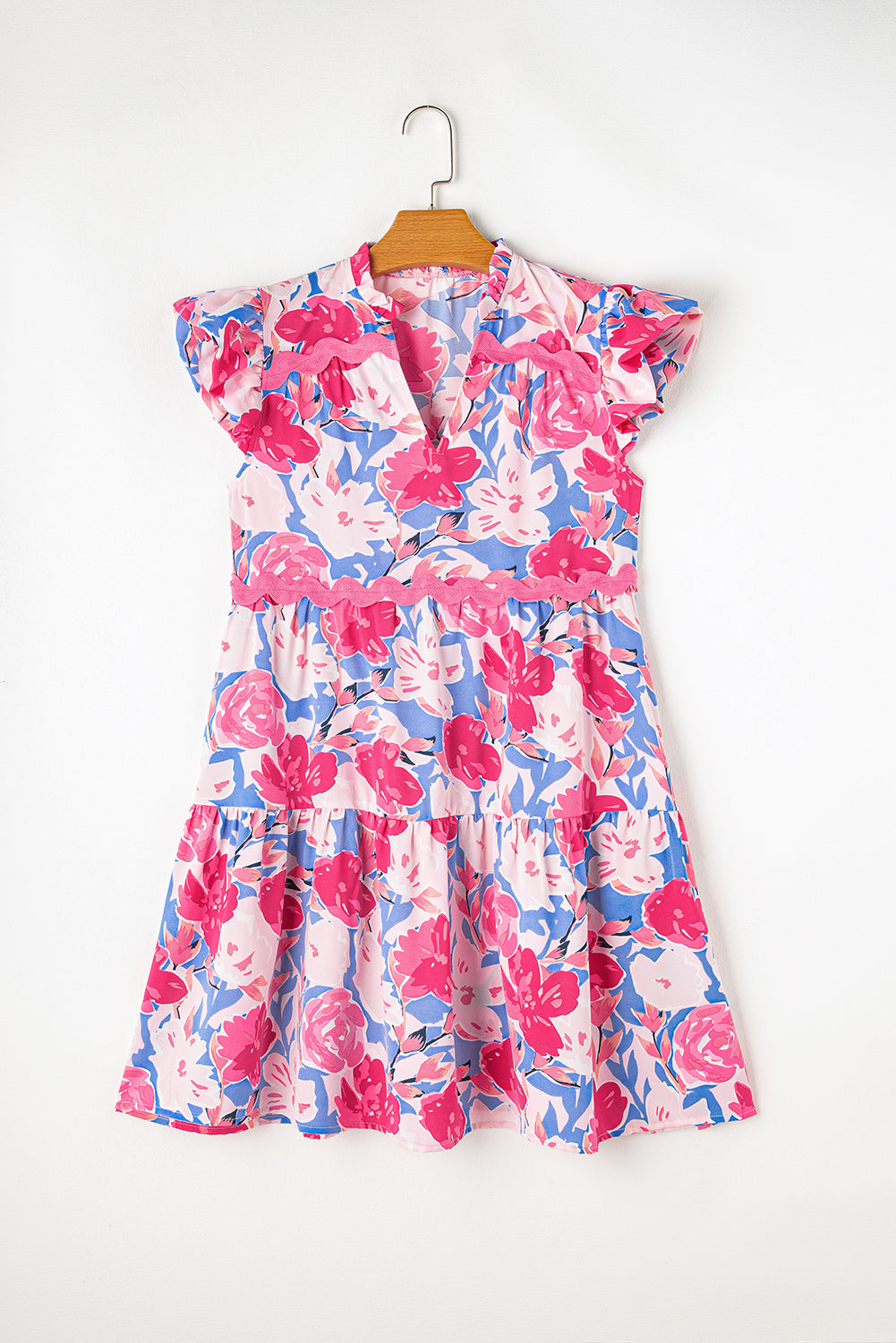 Floral Printed V Notched Ric Rac Flutter Sleeve Dress. WS