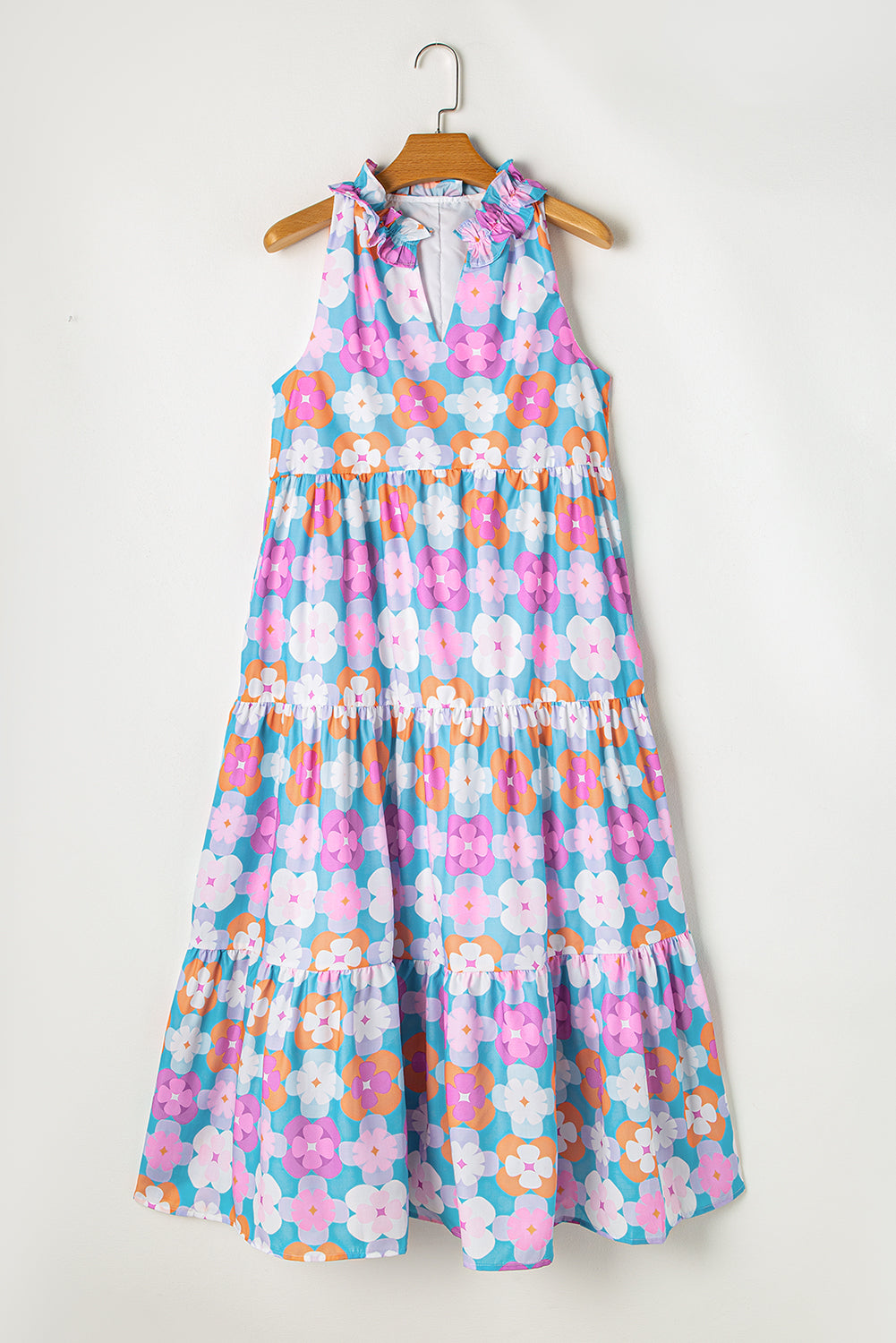 Blue Floral Print Frilly Neck Sleeveless Tiered Maxi Dress. WS