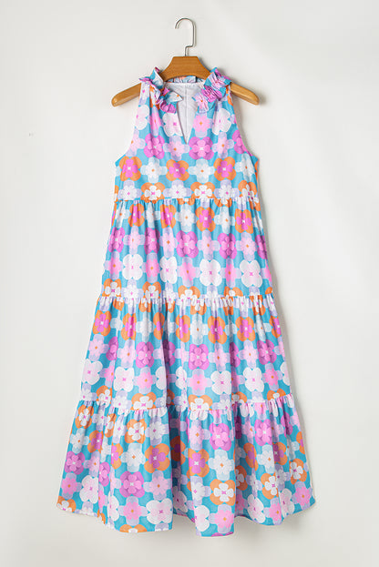 Blue Floral Print Frilly Neck Sleeveless Tiered Maxi Dress. WS