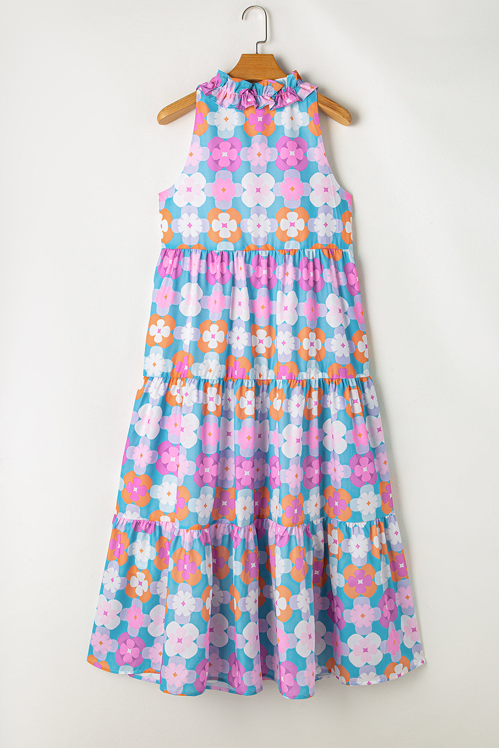 Blue Floral Print Frilly Neck Sleeveless Tiered Maxi Dress. WS