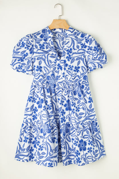 Blue Flower Print Puff Sleeve Tiered Dress. WS