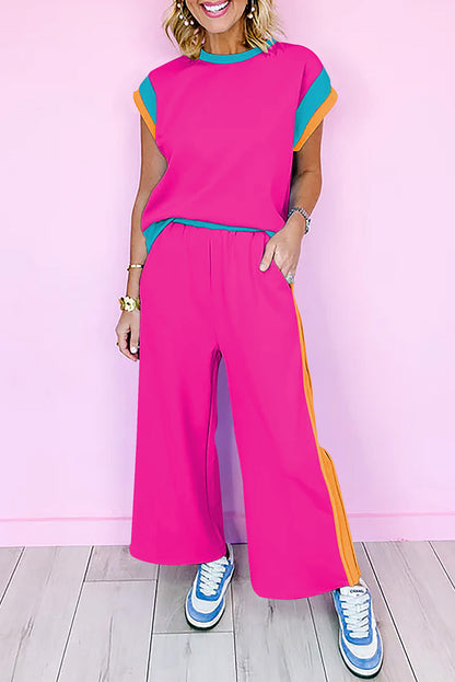 Pink Color Block Detail Casual Two-piece Set. WS