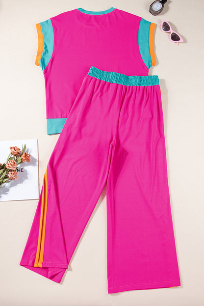 Pink Color Block Detail Casual Two-piece Set. WS