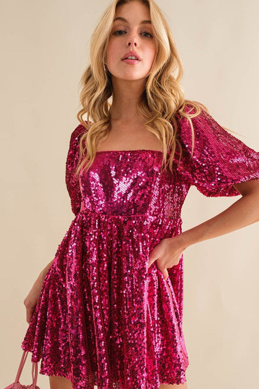 Hot pink sequined babydoll romper