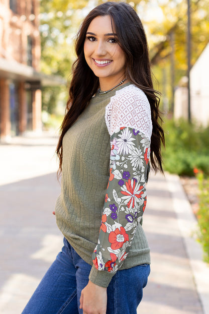 Green Floral Long Sleeve Ribbed Top. GCollection