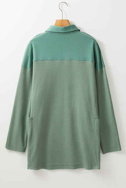 Smoke Green Waffle Half Button Loose Top. GCollection