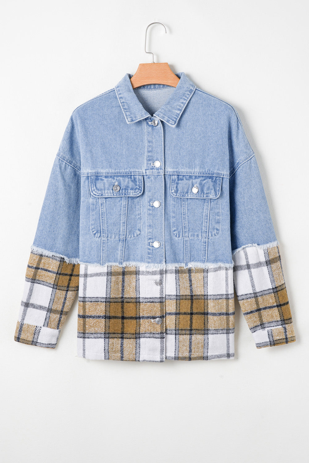 Khaki Plaid Patchwork Buttoned Oversized Denim Jacket. GCollection